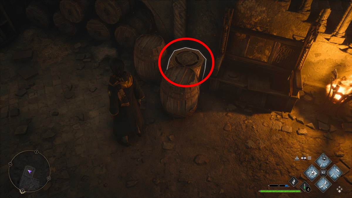 Finding the hidden block behind barrels in Hogwarts Legacy
