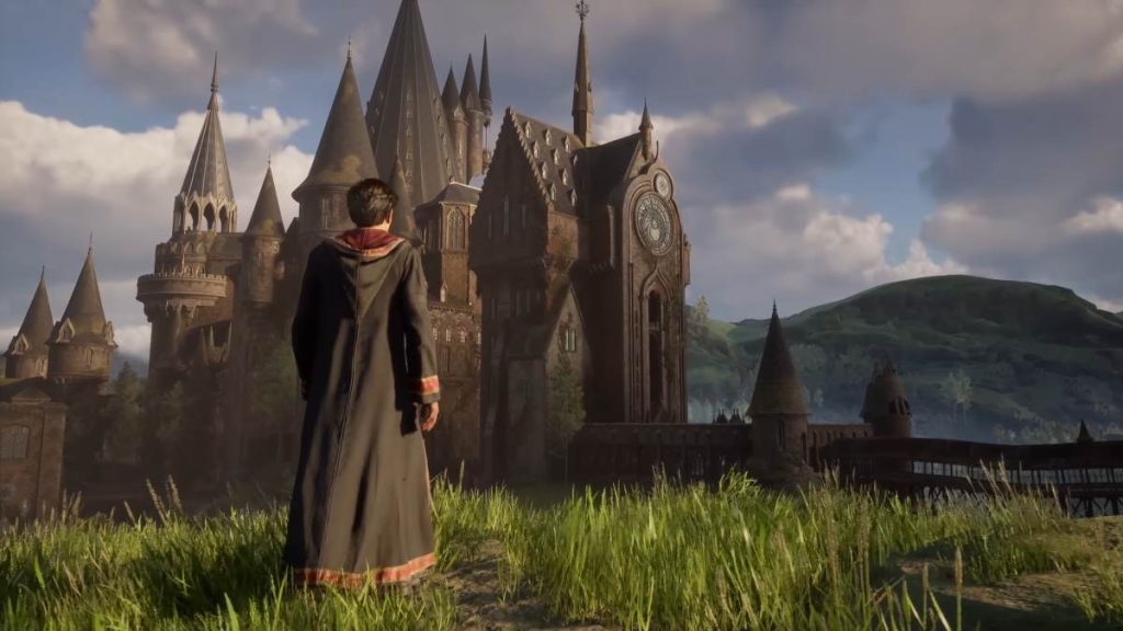 the player character stood on a cliff in front of Hogwarts