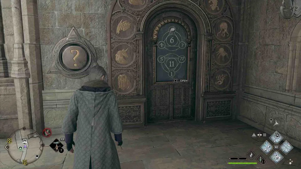 player character encountering a door puzzle in Hogwarts Legacy
