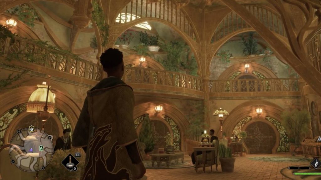 the player exploring the Hufflepuff common room in Hogwarts Legacy
