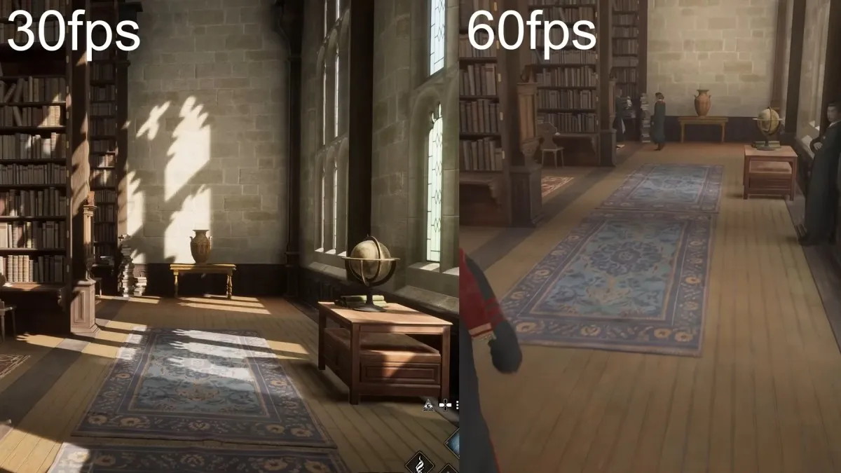 a side by side comparison of the graphics of the library in Hogwarts Legacy