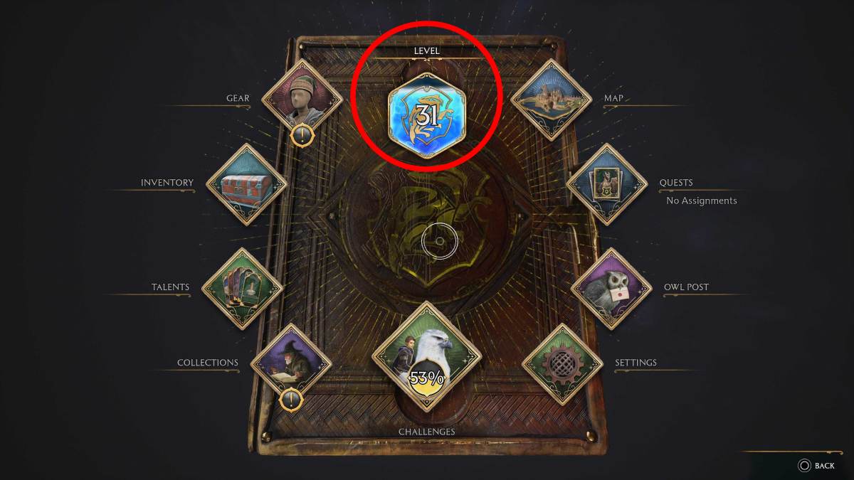 Hogwarts Legacy menu screen with the level circled 