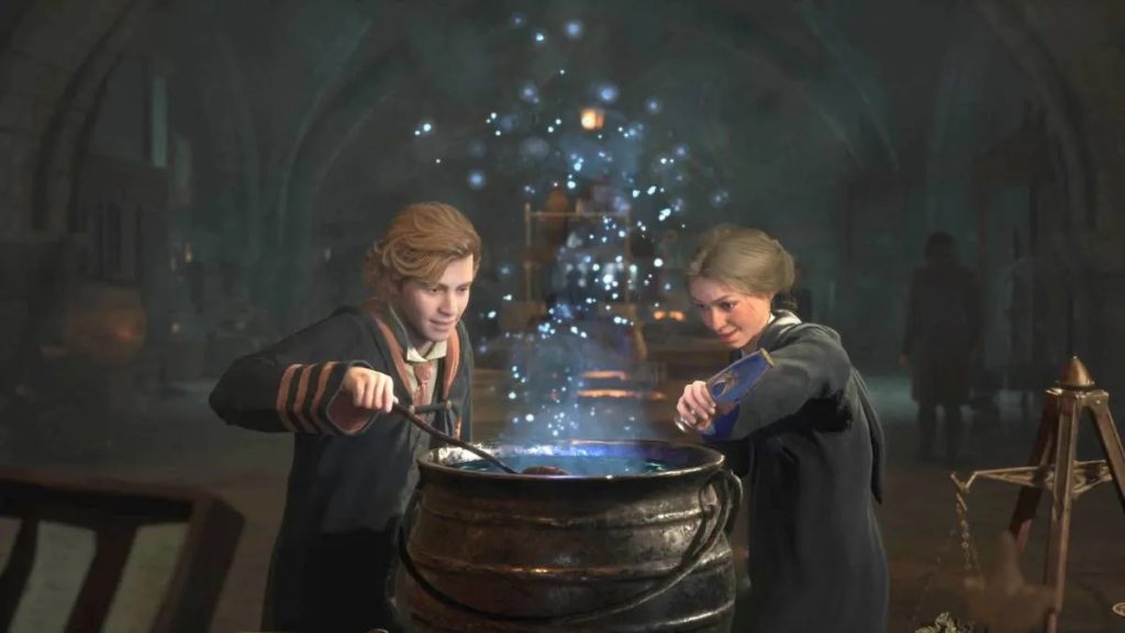 two students brewing potions in Hogwarts Legacy