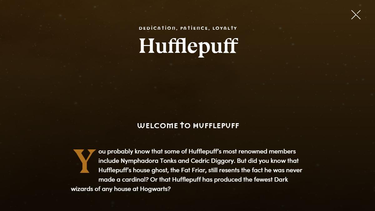 the House sorting screen in Wizarding World
