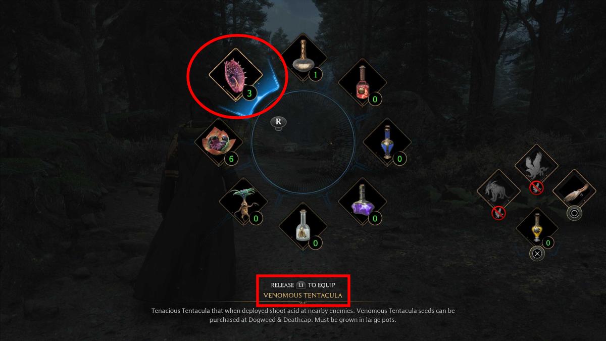 the combat tool wheel in Hogwarts Legacy showing the Venomous Tentacula