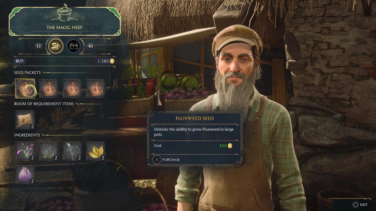 the player purchasing Fluxweed Stem seeds from The Magic Neep in Hogsmeade in Hogwarts Legacy