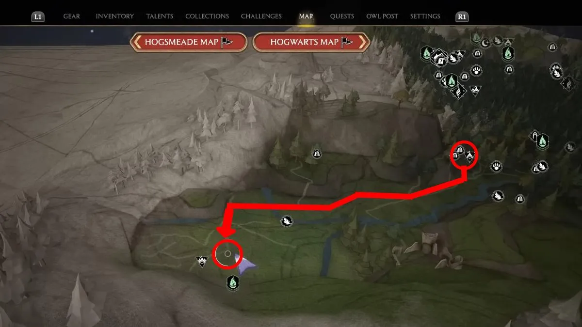 the route shown on Rowland Oakes' map in The Tale of Rowland Oakes quest in Hogwarts Legacy