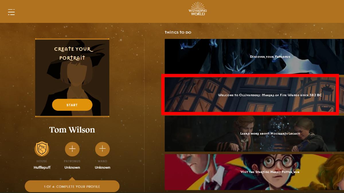 the Ollivanders wand quiz section in the Wizarding World website