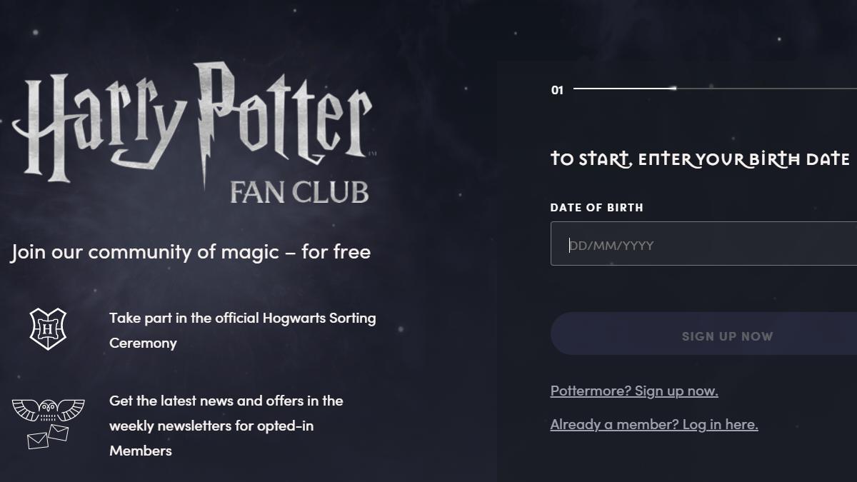 the sign up screen on the Wizarding World website