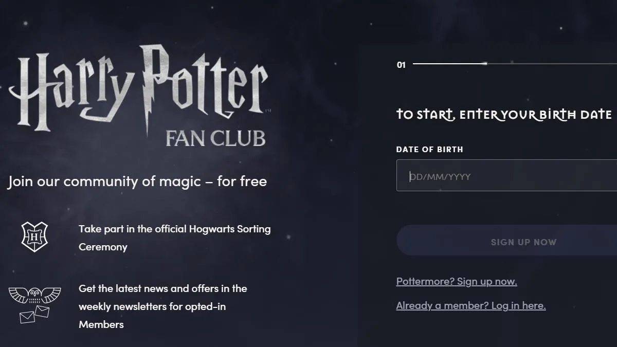 the sign up screen on Wizarding World 