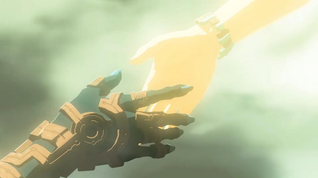 Link's hand holding Zelda's hand in The Legend of Zelda: Tears of the Kingdom