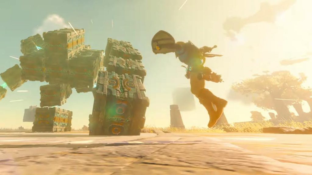 Link fighting a giant new boss made of metal cubes in The Legend of Zelda: Tears of the Kingdom