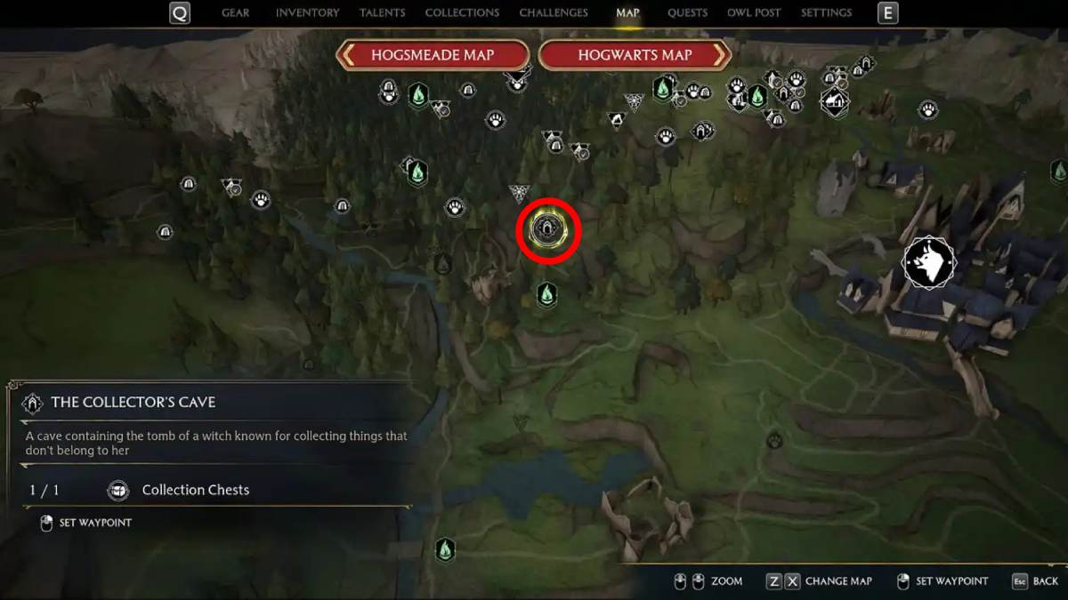 The location of the The Collector's Cave Cairn Dungeon on the world map in Hogwarts Legacy