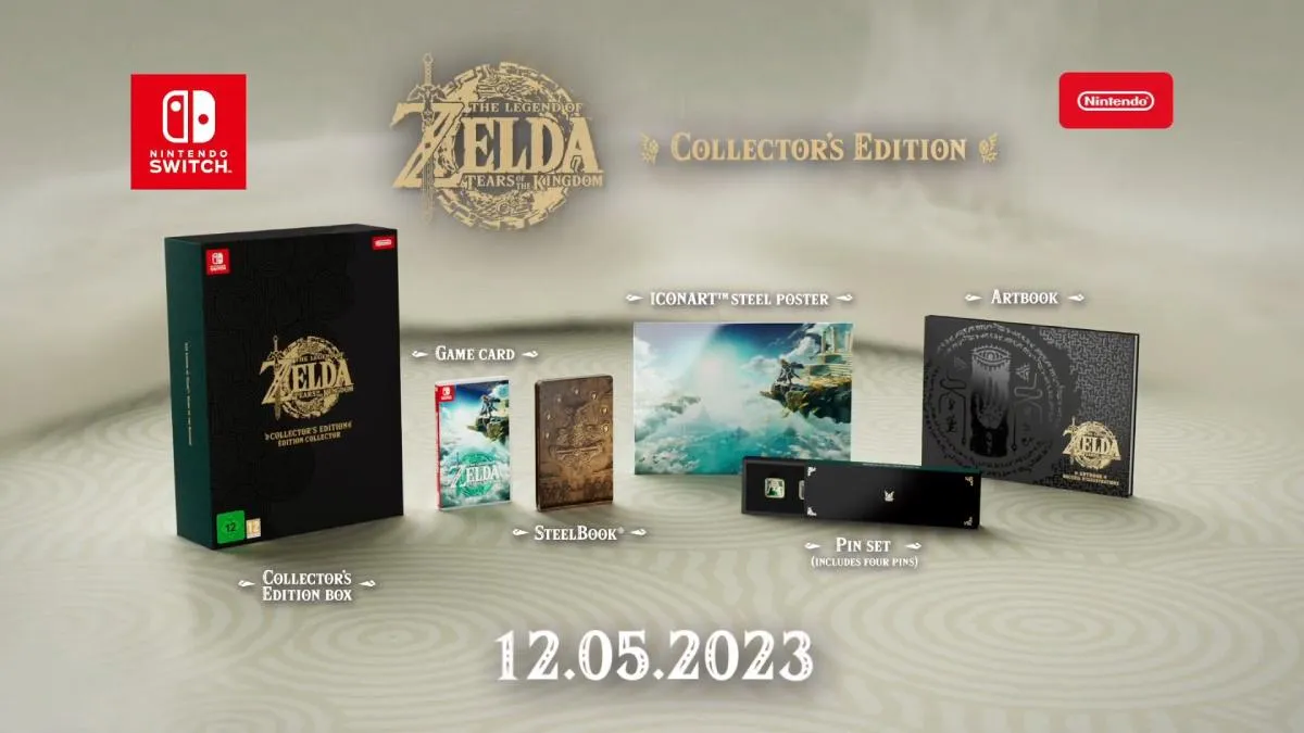 the contents of The Legend of Zelda: Tears of the Kingdom Collector's Edition including the game cartridge, steelbook, artbook, steel poster, and pin set