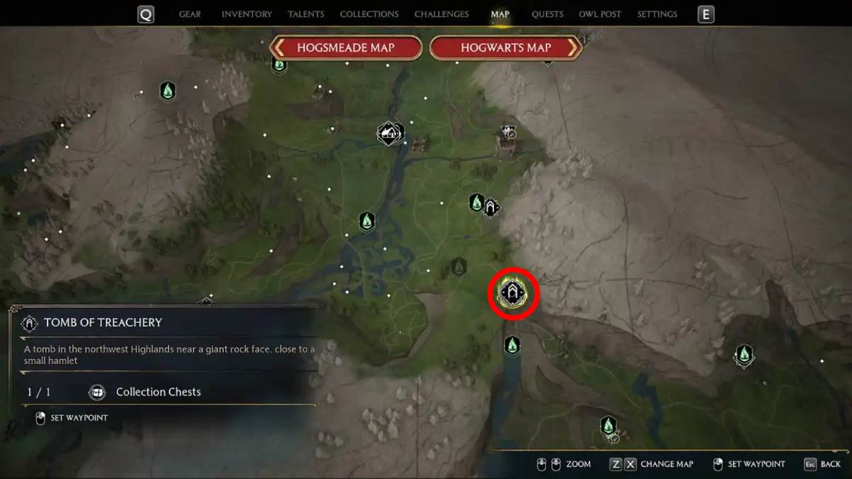 The location of the Tomb of Treachery Cairn Dungeon on the world map in Hogwarts Legacy
