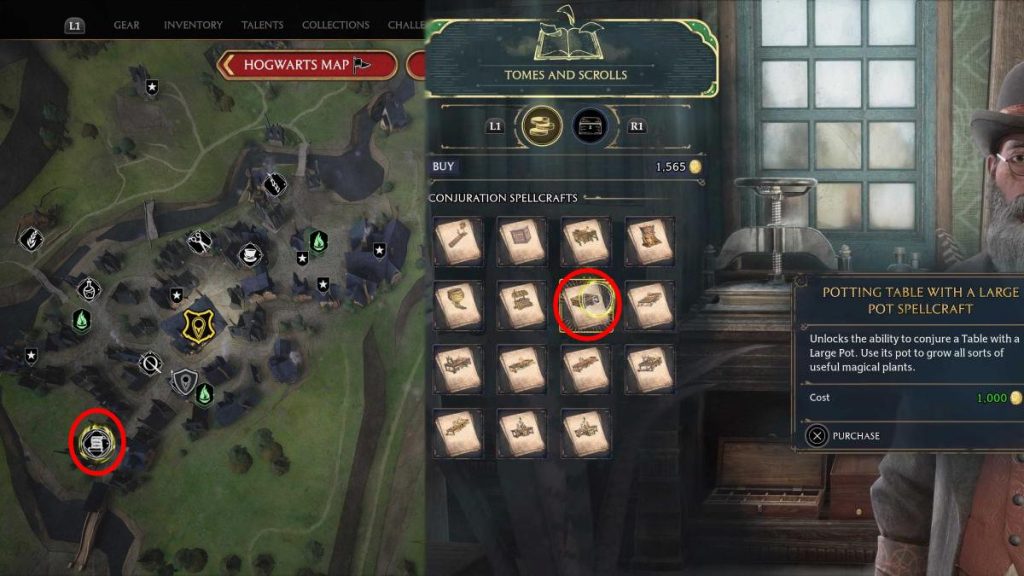 the location of Tomes and Scrolls on the Hogsmeade map in Hogwarts Legacy as well as the Large Pot Spellcraft for purchase in Tomes in Scrolls
