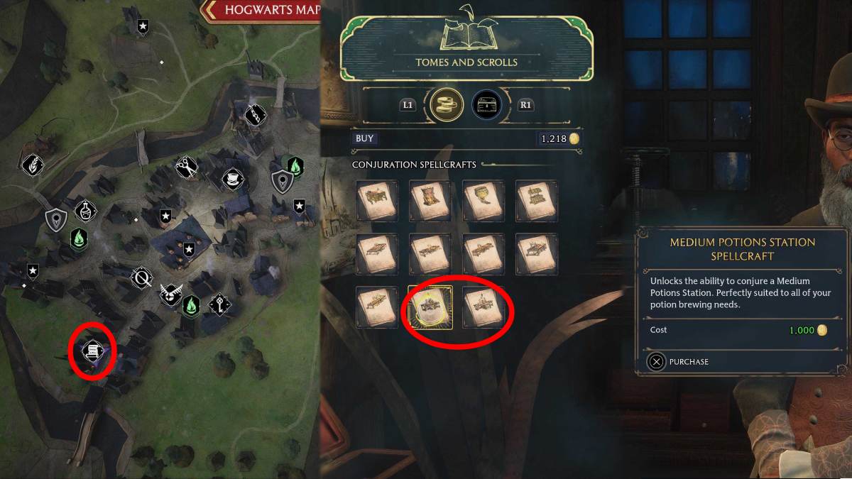the location of Tomes and Scrolls on the left and the items they sell on the right