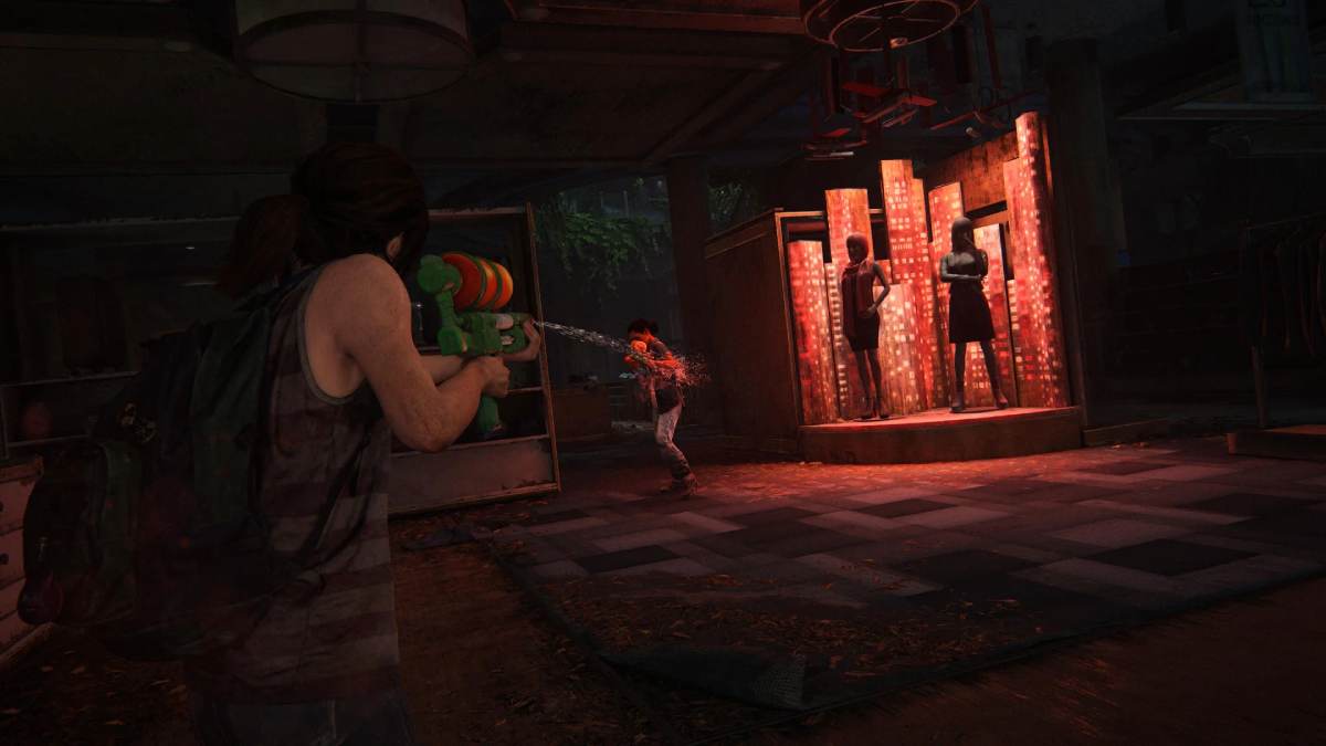 Ellie and Riley shooting each other with water guns in The Last of Us video game