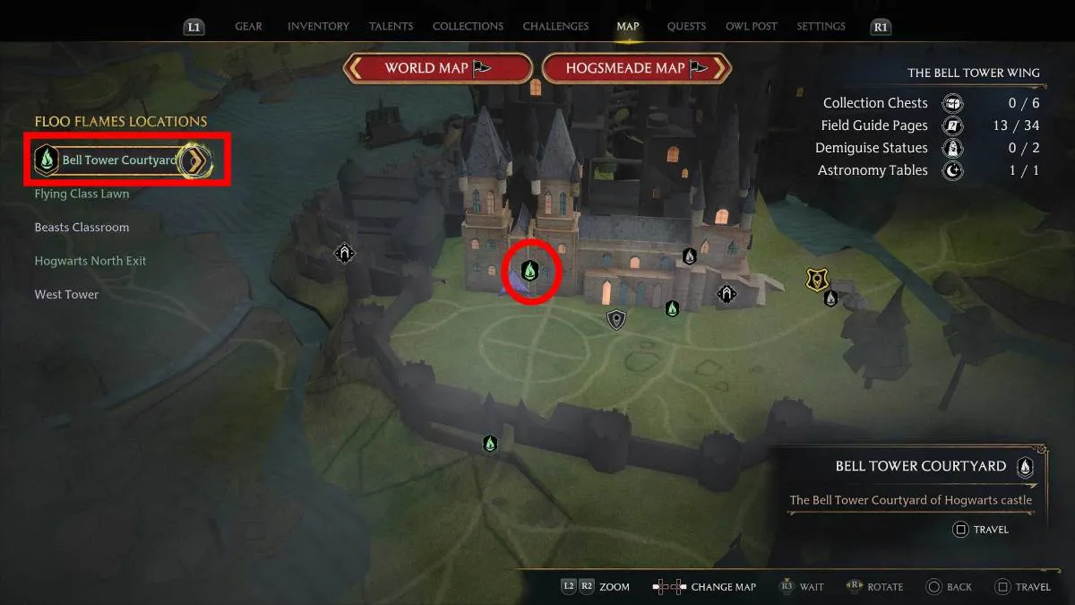 the location of the Bell Tower Wing Floo Flame in Hogwarts Legacy