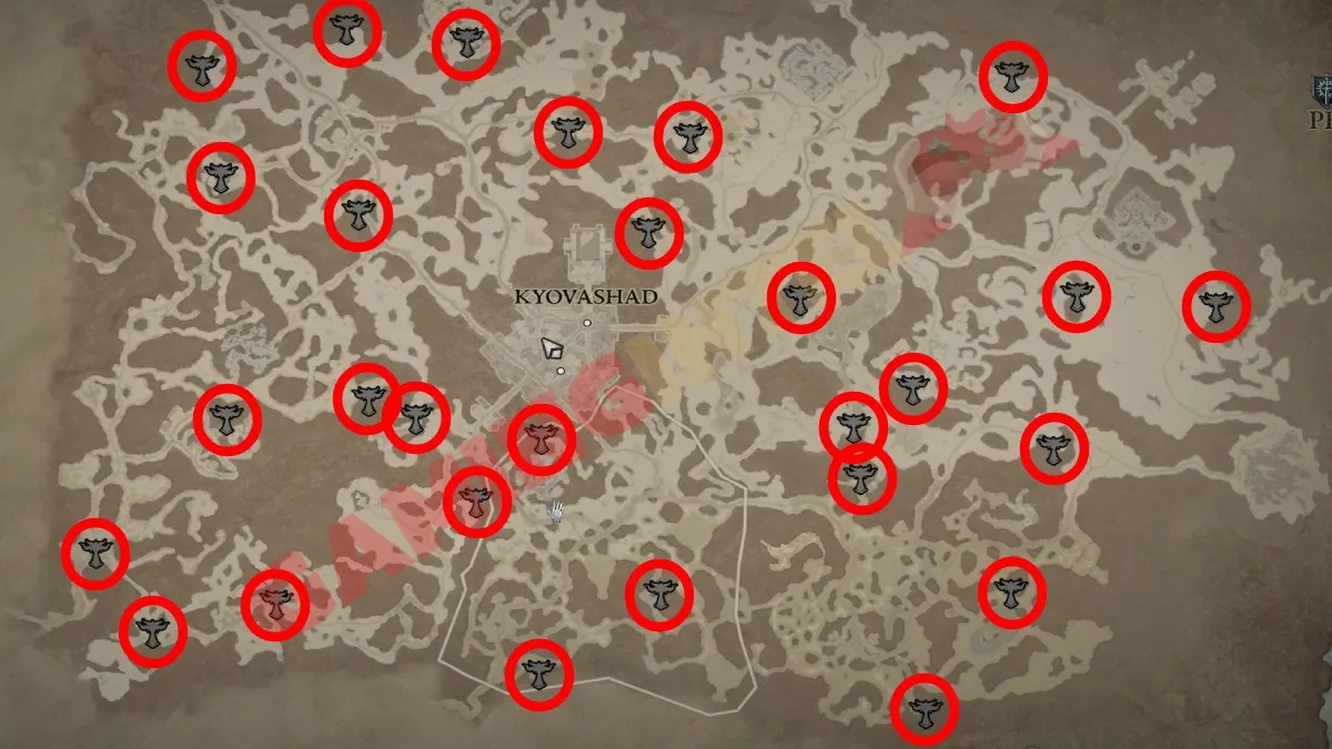 a map of Fractured Peaks in Diablo 4 with all of the Alters of Lilith locations on it