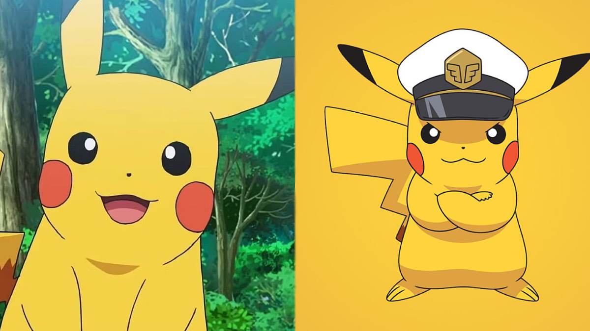 a side by side of Pikachu and Captain Pikachu from Pokemon