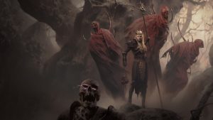 Diablo 4 artwork of a Necromancer with floating skeletons behind it