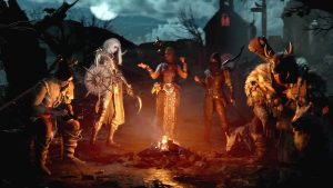 The Necromancer, Sorcerer, Barbarian, Druid and Rogue classes from Diablo 4 gathered around a campfire