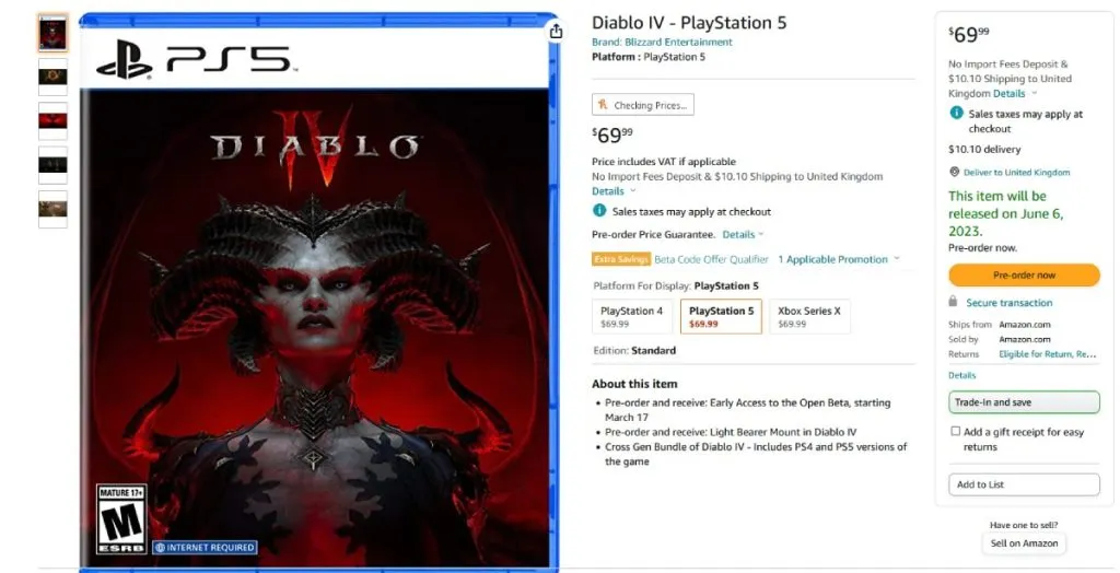 Diablo 4 on Amazon