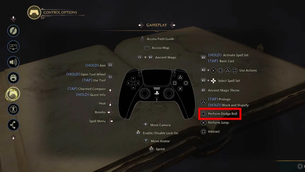 The control scheme layout for Hogwarts Legacy on PS5 with the dodge roll controls highlighted 