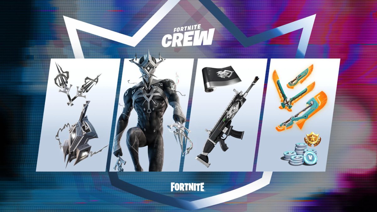 The April 2023 Fortnite Crew pack including the Triarch Nox Outfit