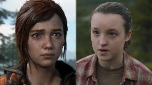 Ellie at the end of The Last of Us video game on the left and Ellie at the end of episode 9 on the right