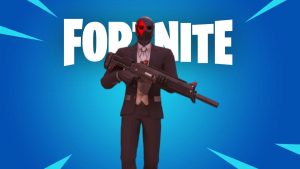 the Highcard Boss from Fortnite against a blue background with the Fortnite logo behind it
