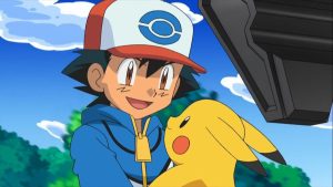 Ash Ketchum holding Pikachu in Pokemon anime