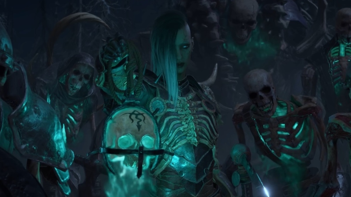 the Necromancer from Diablo 4 surrounded by skeletons