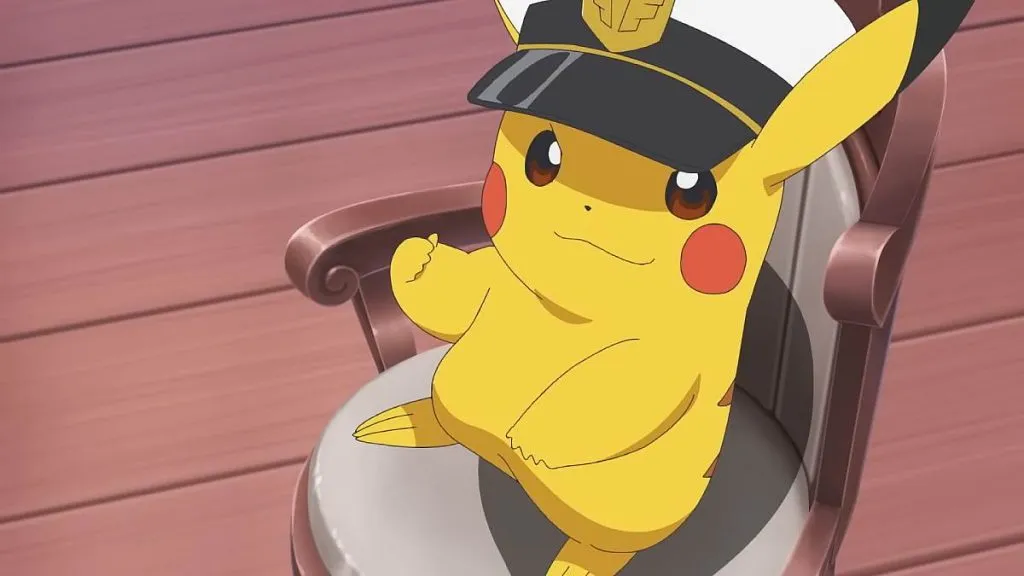 Captain Pikachu sat in a chair in Pokemon Horizons