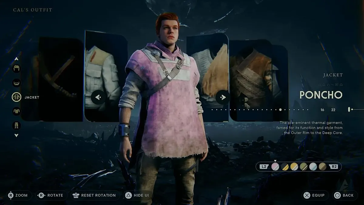 The customization menu with Cal's poncho in it