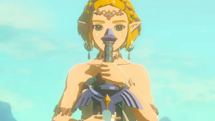 Zelda holding the Master Sword in Tears of the Kingdom