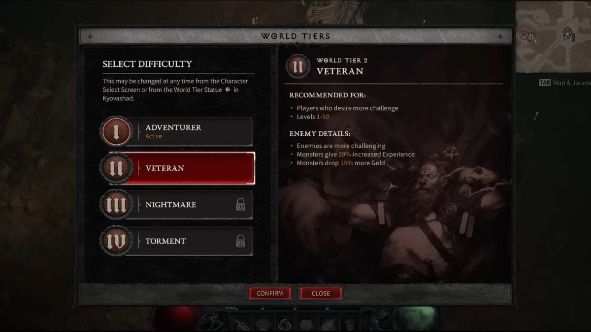 The World Tier selection screen in Diablo 4