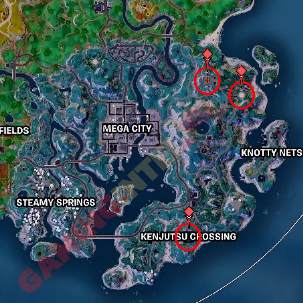 the south part of the Fortnite map with gong locations circled 