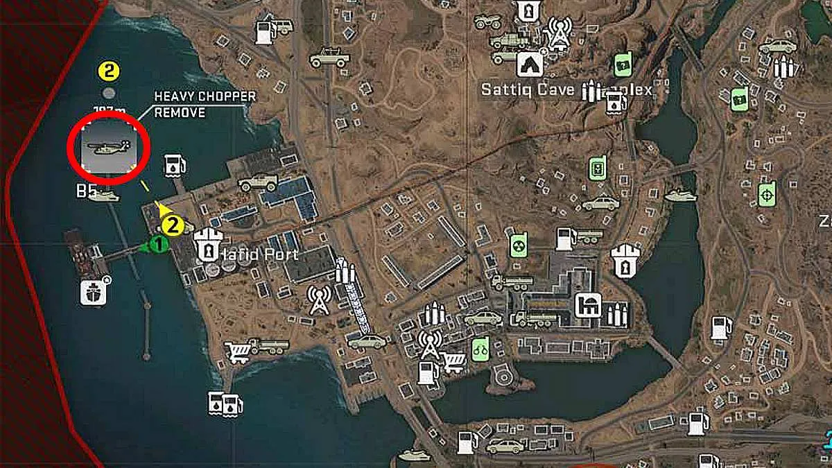 The map in DMZ showing the Port with the Heavy Chopper icon circled in red