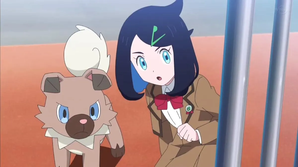 Liko and Rockruff chasing after Conia in Pokemon Horizons Episode 3