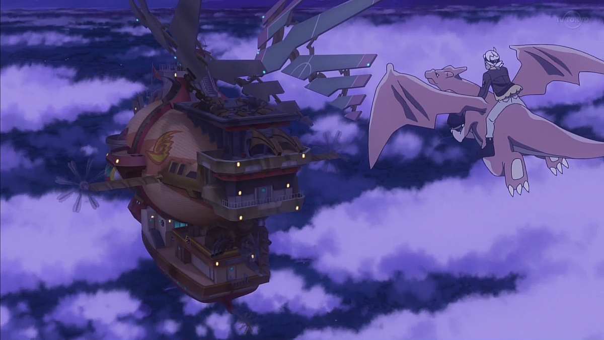 Friede and Liko flying on Charizard towards the Rising Volt Tackler's airship