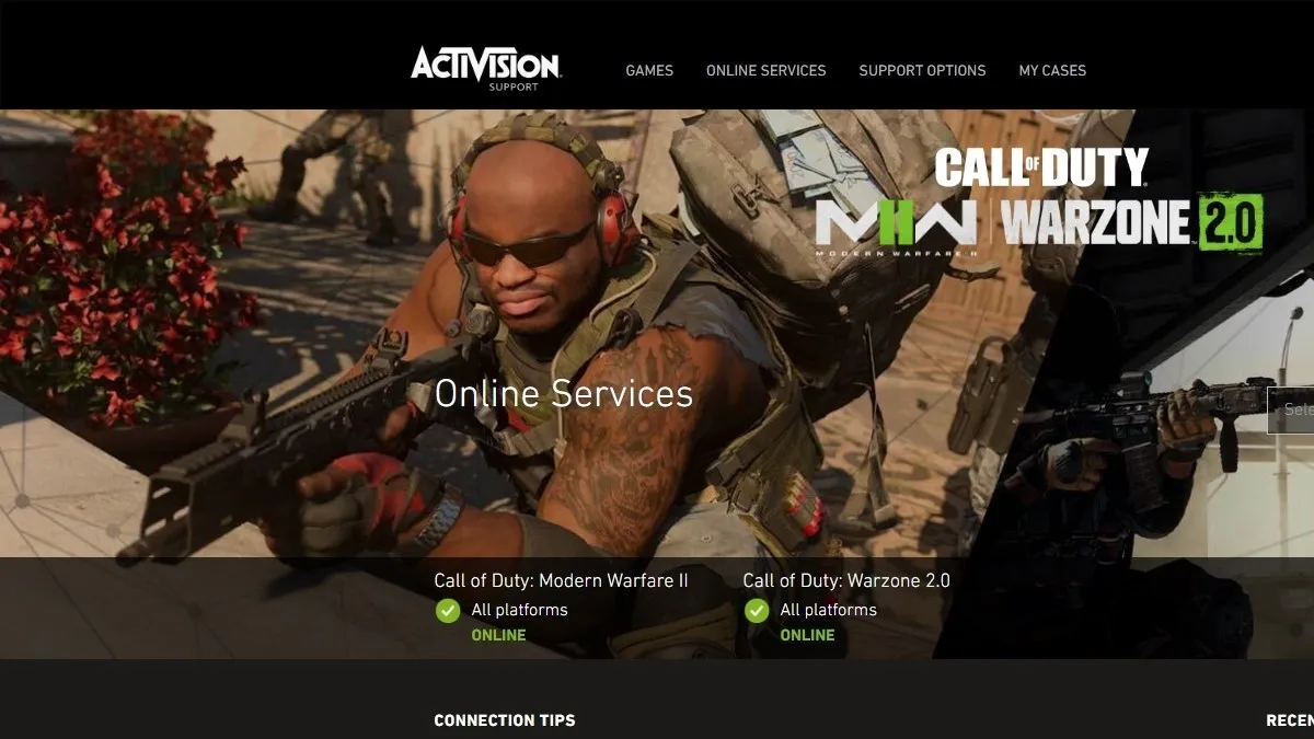  Activision online services page where you can check to see if the servers are down to explain packet burst in mw2