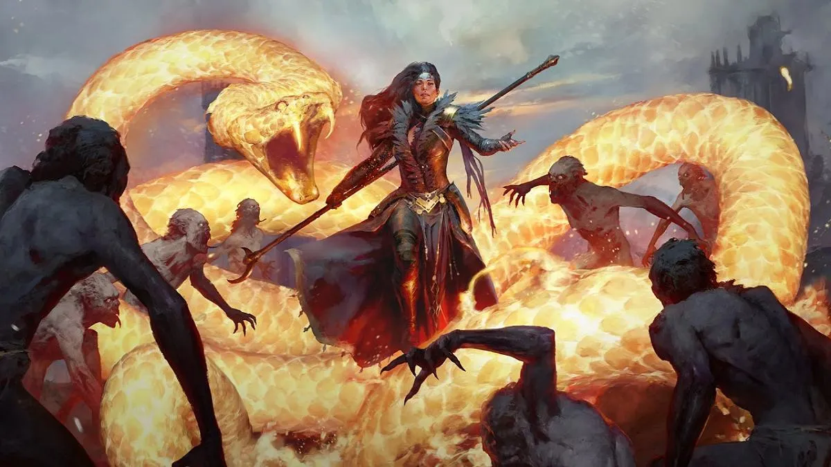 Sorcerer with flame snakes around her in Diablo 4