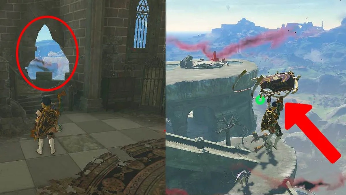 The exit out of Princess Zelda's Room and gliding across Hyrule Castle
