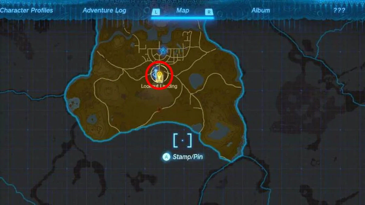 a map of Hyrule with Lookout Landing circled