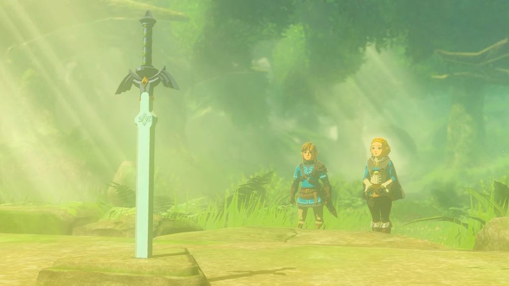 Link and Zelda looking at the Master Sword in TOTK