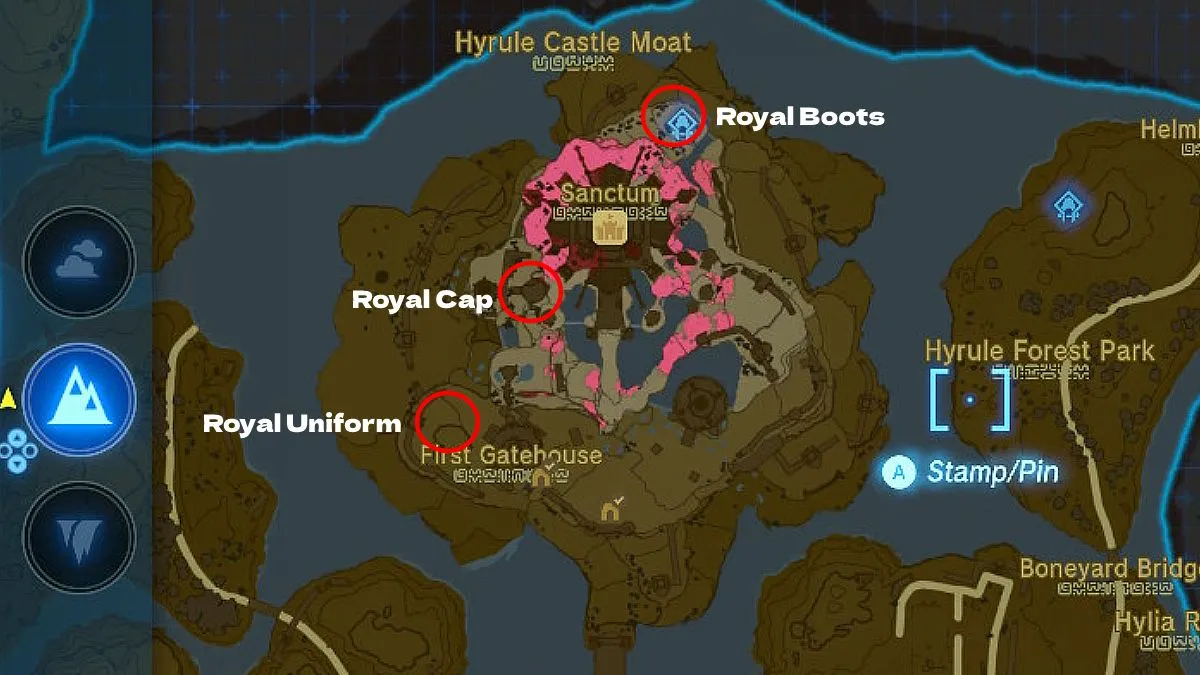 The locations of the Royal Guard Armor Set in TOTK