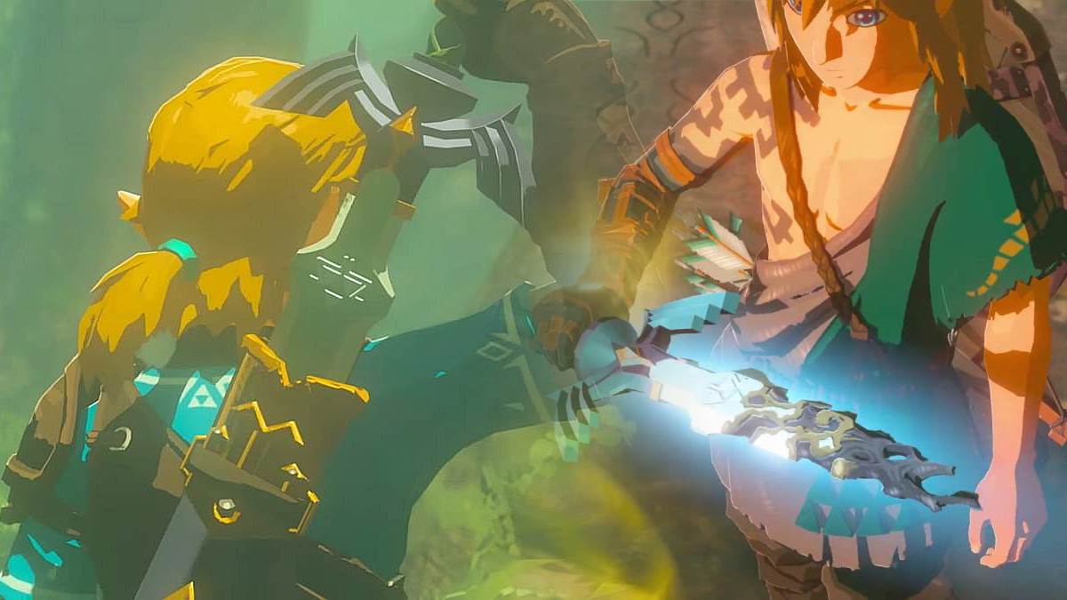 Link holding the broken Master Sword and Link putting the Master Sword away