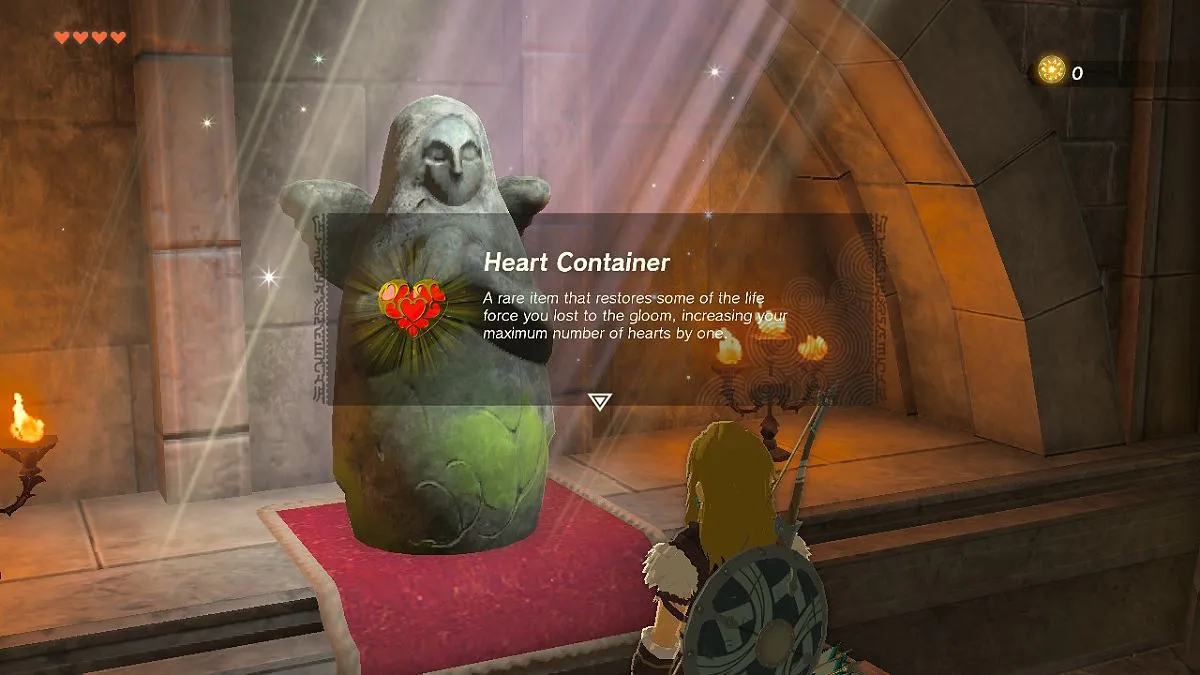 Link getting a Heart Container from a Goddess Statue